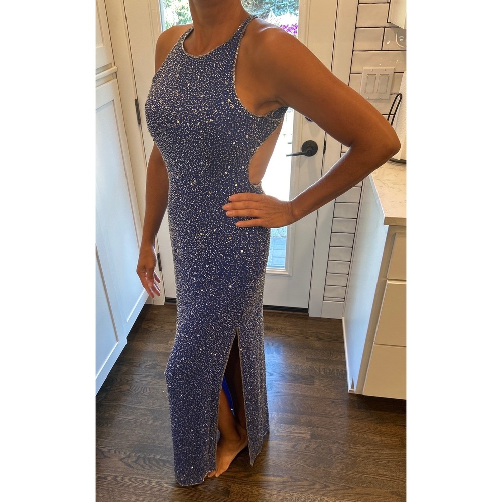 Scala Vintage Silk Beaded Sequin Halter Gown Blue Open Back Formal Dress XL